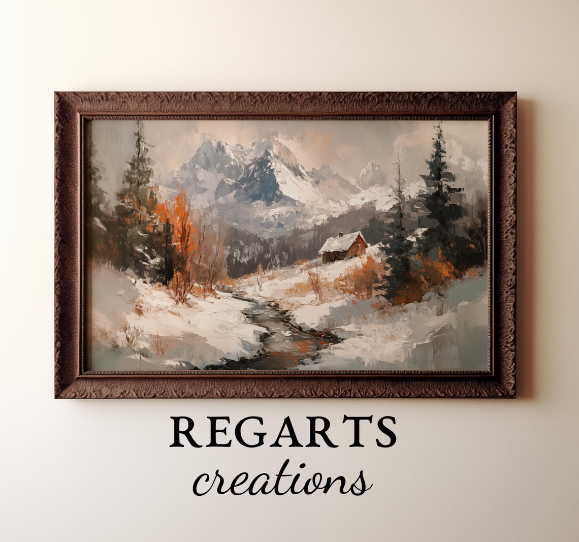 Snowy Mountain Cabin Stream Winter Peaks Rustic Lodge Scene Poster - Image 4