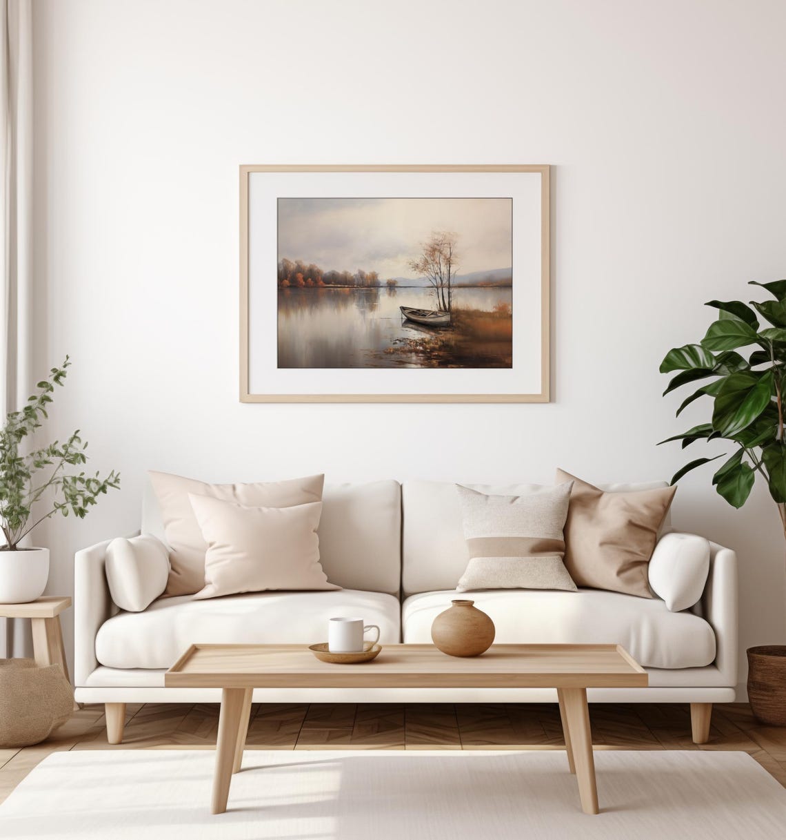 Autumn Lakeside Painting Rowboat At Shore Calm Fall Scene Poster - Image 2