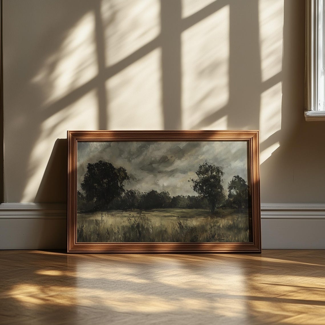 Moody Field Painting Dark Trees Under Dramatic Cloudy Sky Poster - Image 5