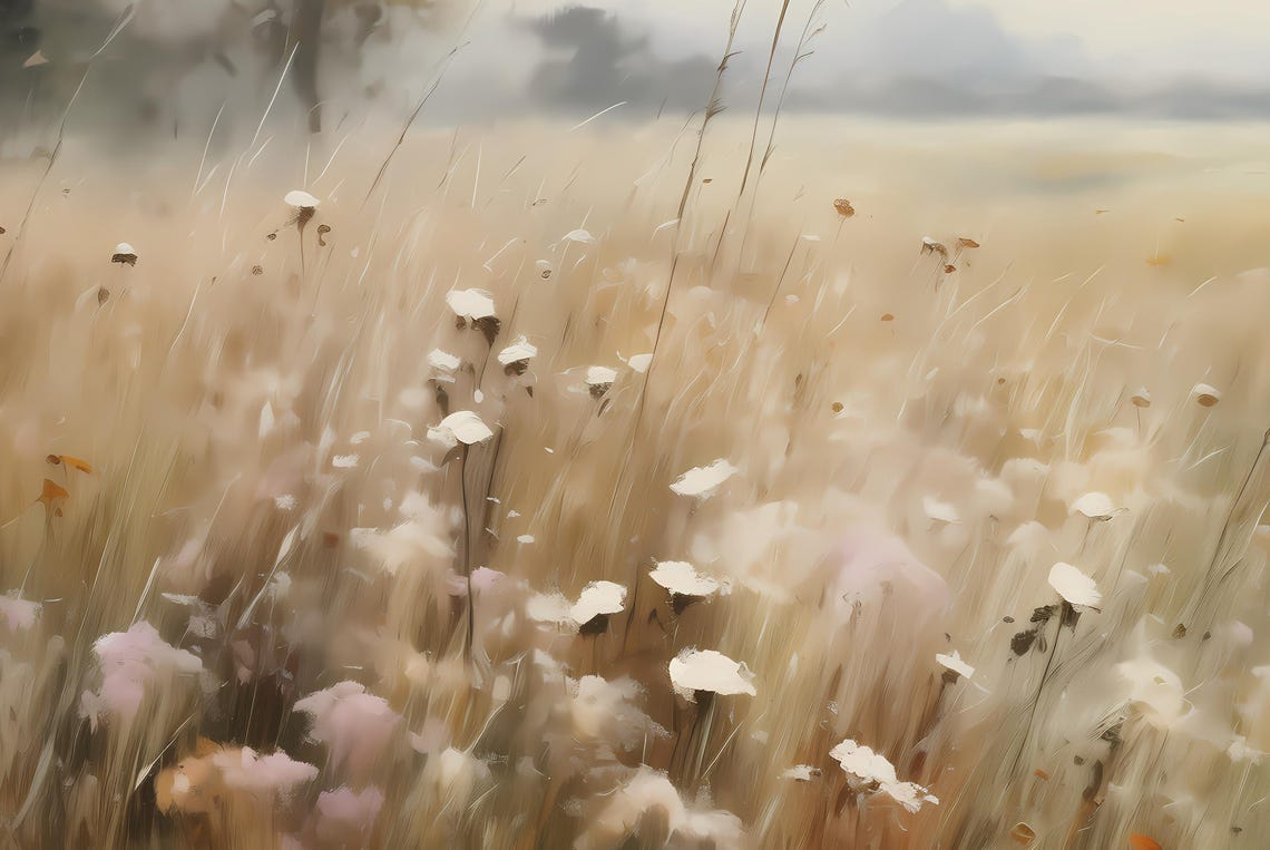 Misty Meadow Painting Tall Grass White Blooms Neutral Tones Poster - Image 6