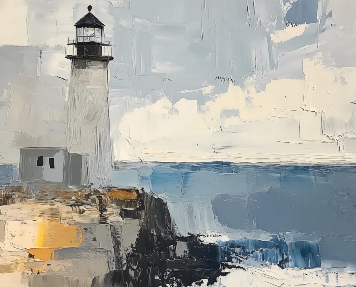 Lighthouse On Rocky Cliffs Abstract Coastal Seascape Blue Poster - Image 4