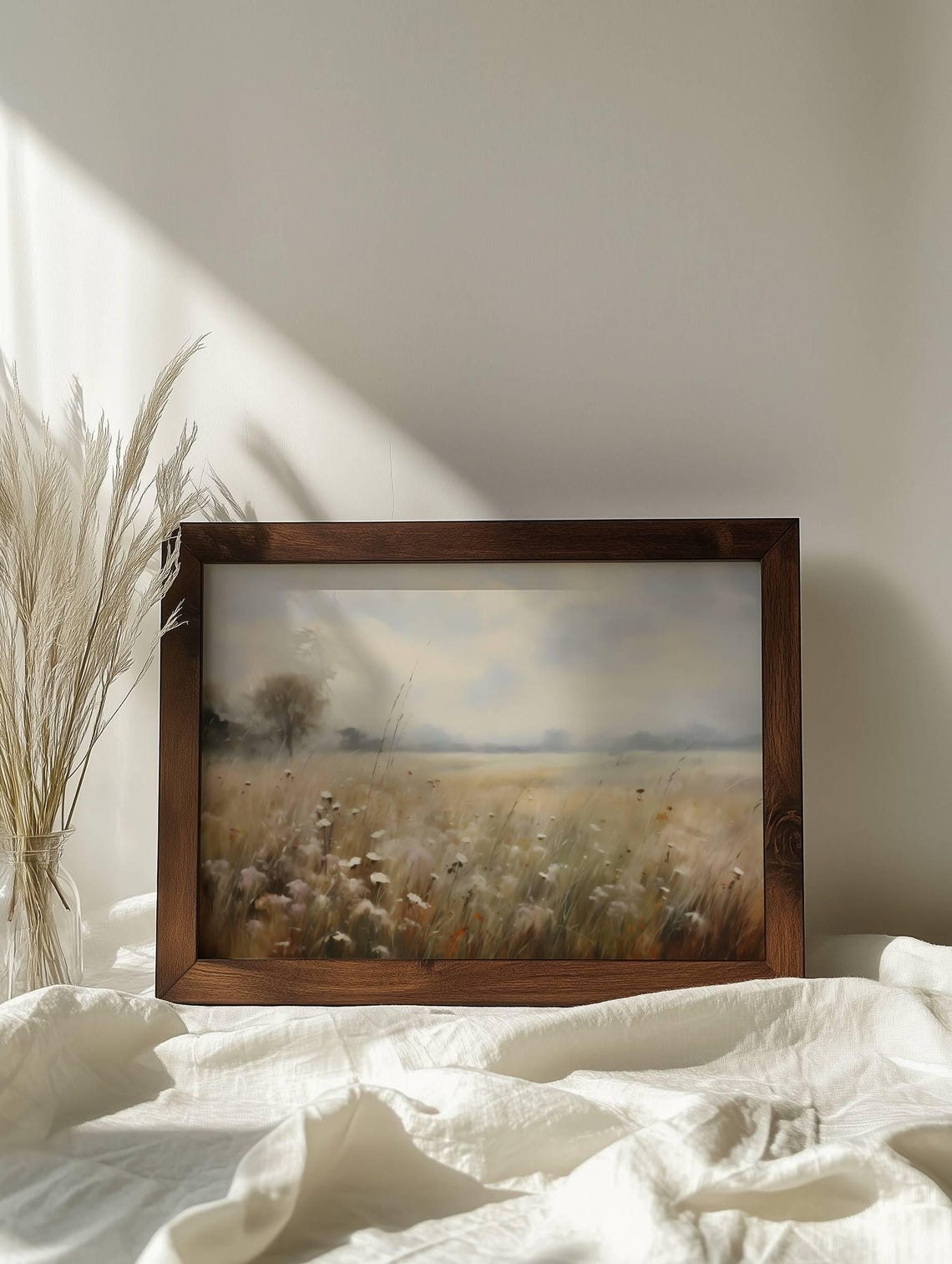 Misty Meadow Painting Tall Grass White Blooms Neutral Tones Poster - Image 7