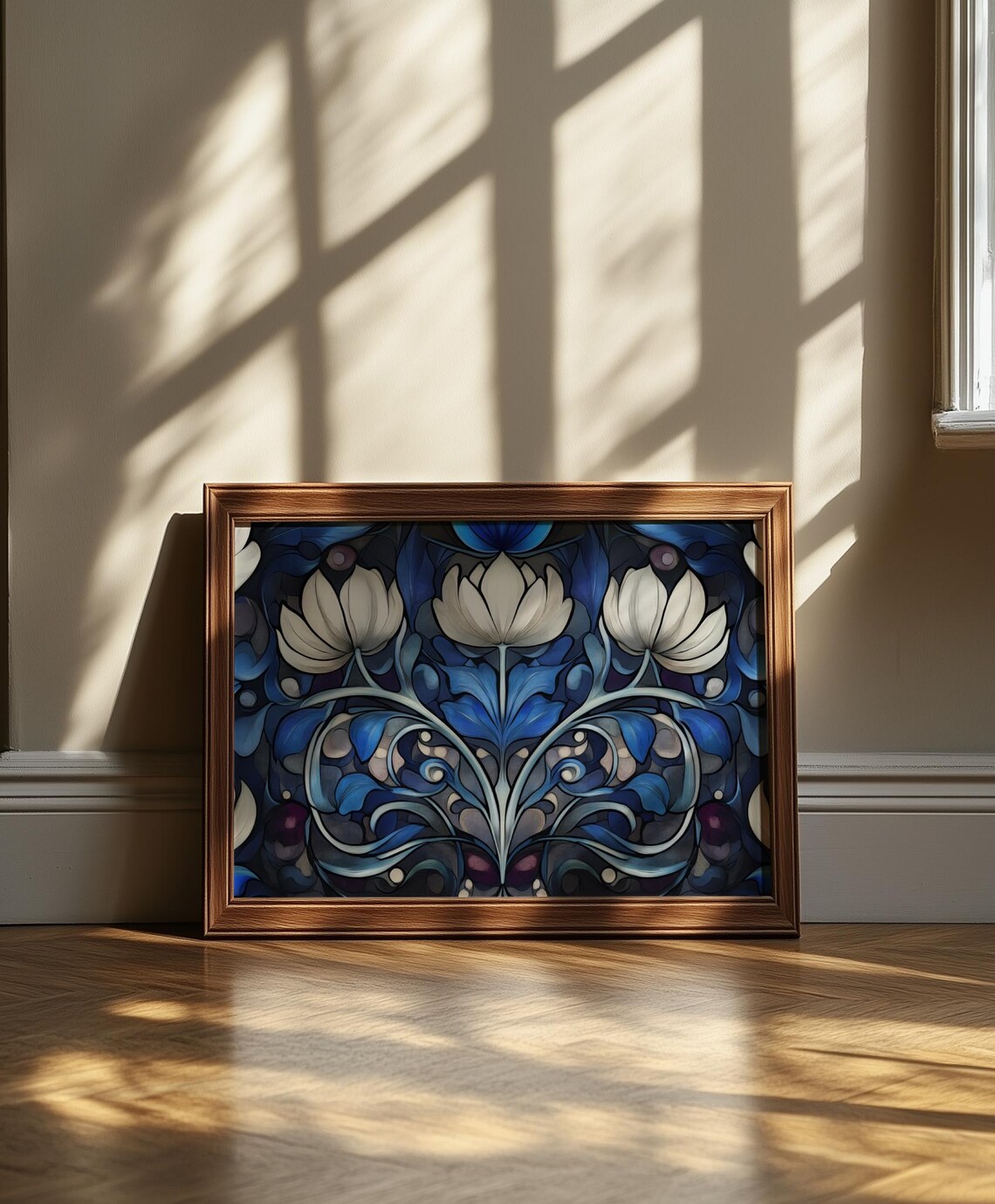 Art Nouveau White Lotus Flowers Deep Blue Elegant Floral Poster - Image 5