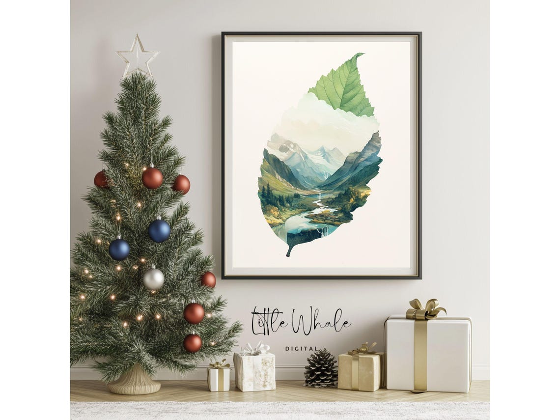 Green Leaf With Mountain River Valley Landscape Watercolor Art Poster - Image 3