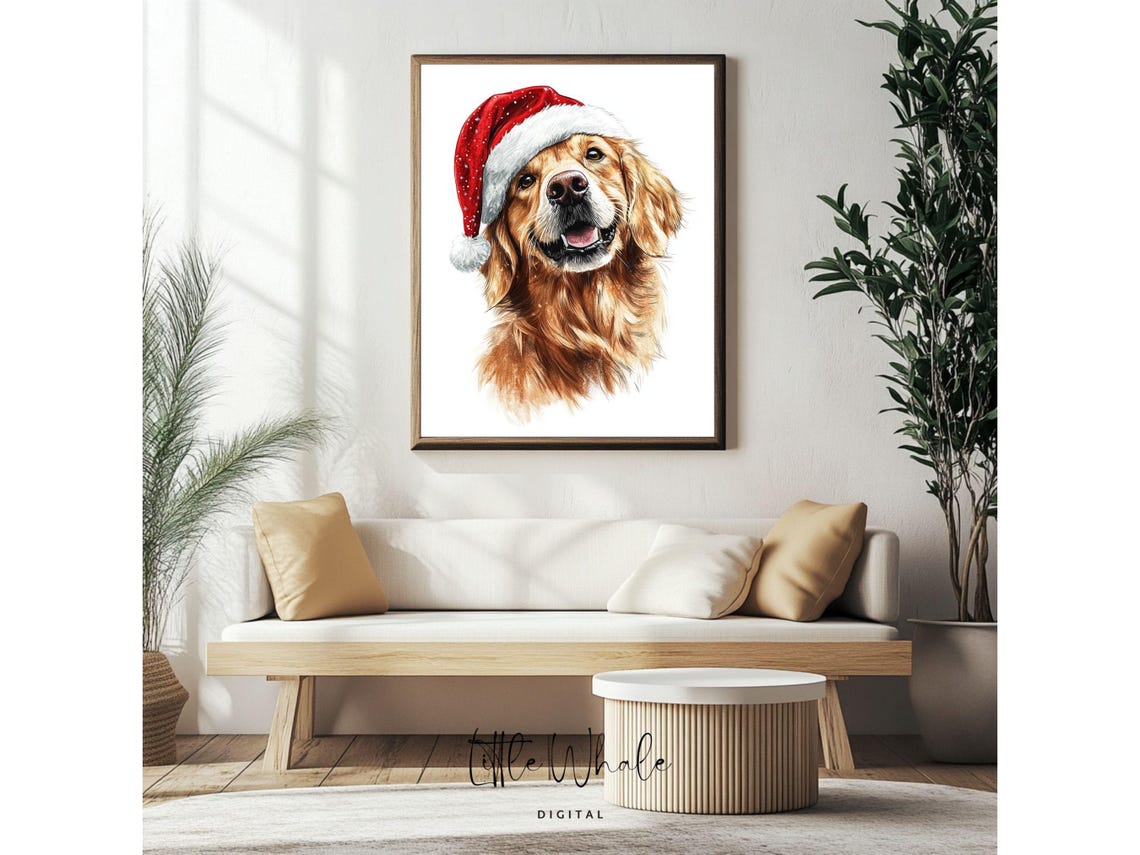 Happy Golden Retriever with Santa Hat Joyful Holiday Dog Art Print - Image 4