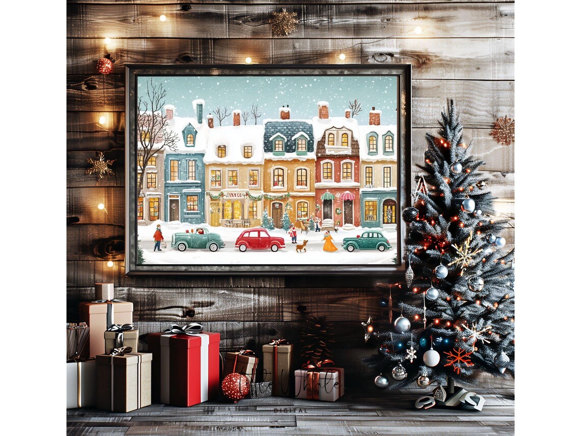 Snowy Vintage Main Street With Classic Cars Holiday Town Poster - Image 2