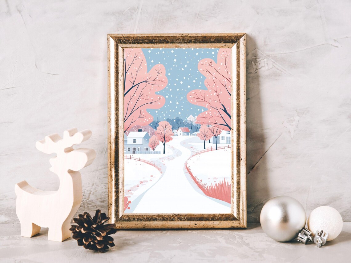 Pink And Blue Pastel Snowy Countryside Path With Houses Winter Art Poster - Image 2