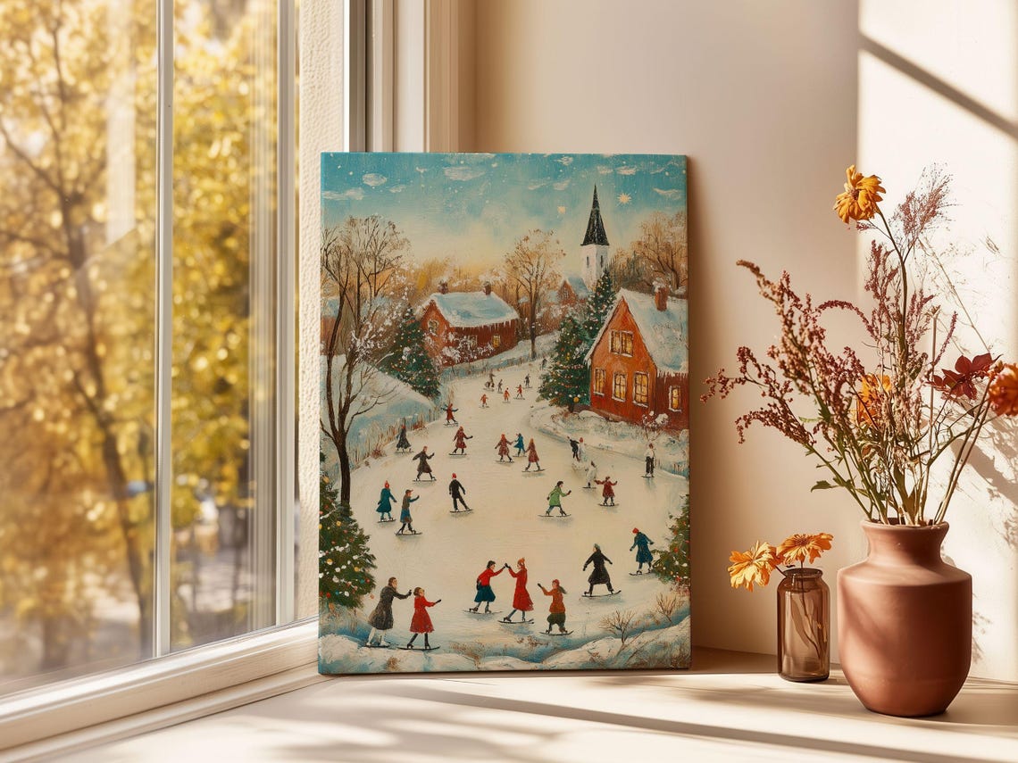Daytime Ice Skating Pond With Village Church Winter Scene Poster - Image 2