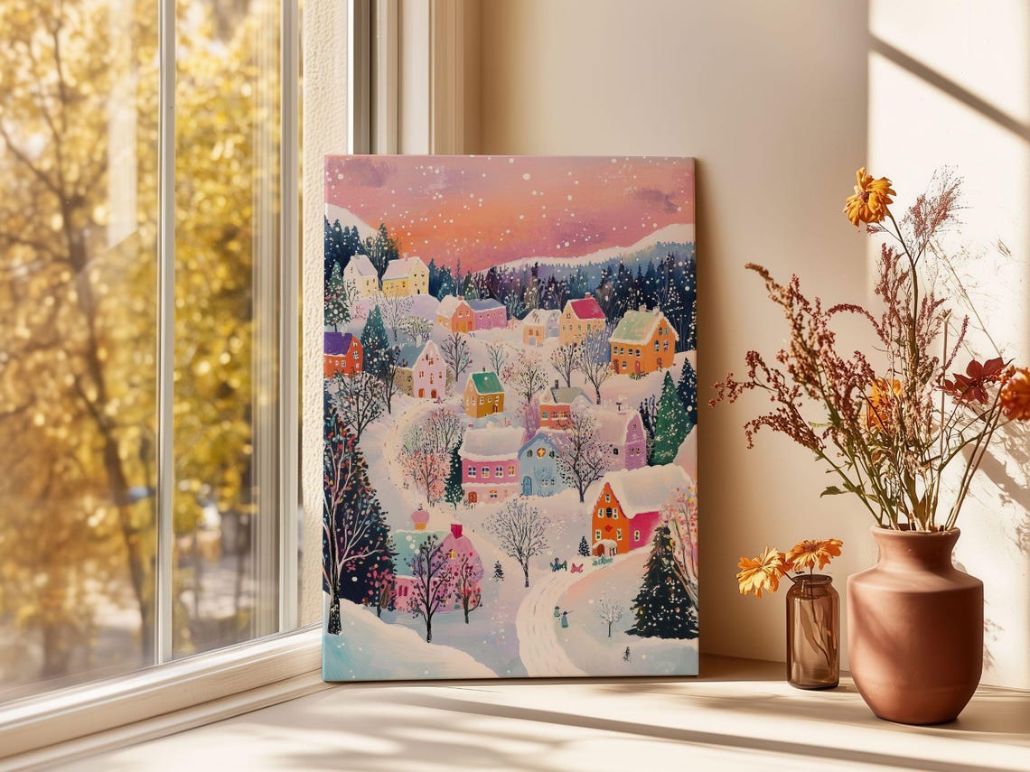 Cozy Pastel Pink Sunset Snowy Christmas Village Holiday Wall Art - Image 2