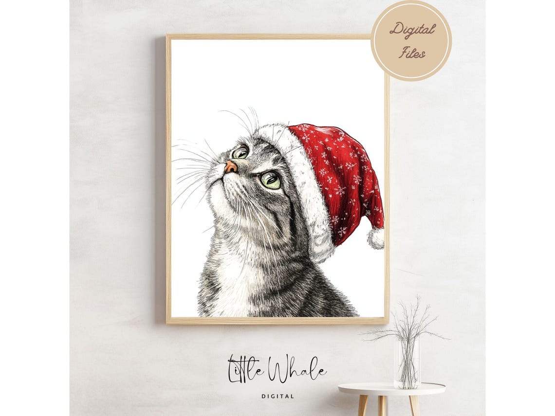Tabby Cat Looking Up in Snowflake Santa Hat Christmas Art Print