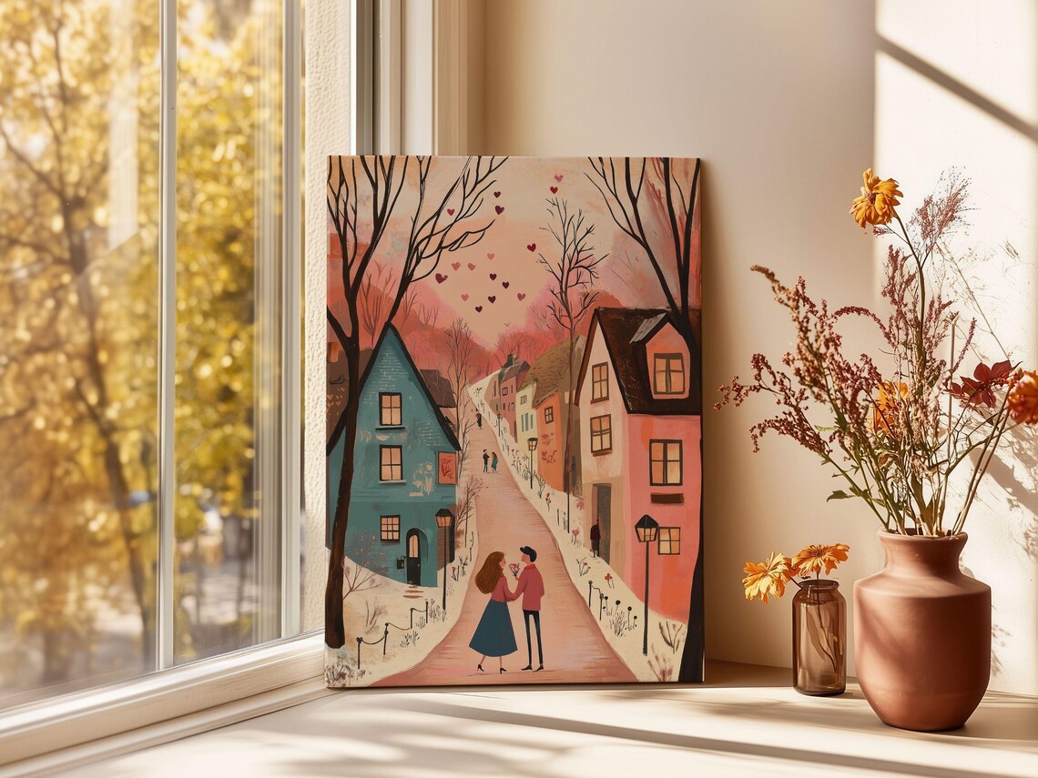 Romantic Kiss On A Snowy Street With Hearts Valentine Poster