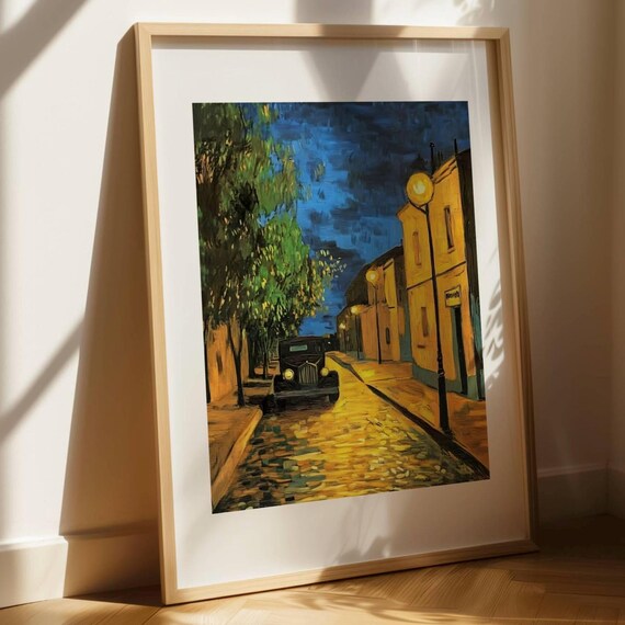 Vintage Car Night Street Yellow Lights Impressionist Art Print