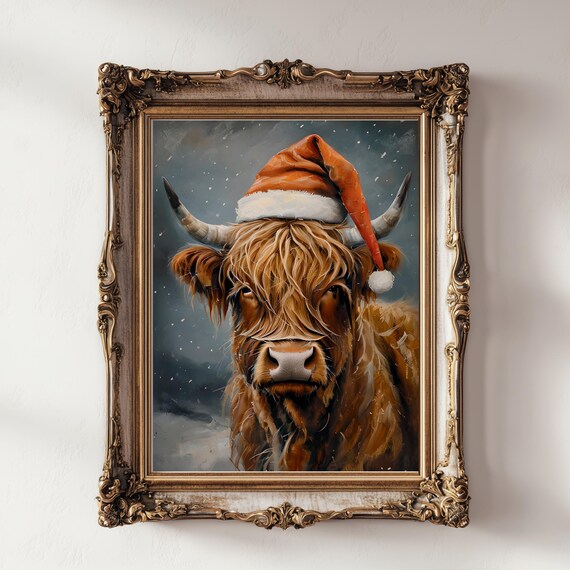 Highland Cow Wearing Santa Hat Snowy Oil Painting Holiday Poster