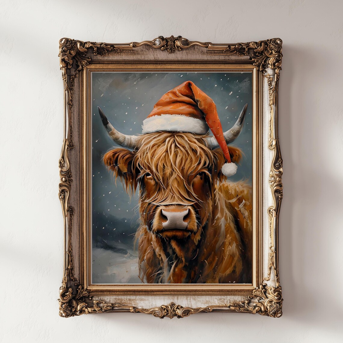 Highland Cow Wearing Santa Hat Snowy Oil Painting Holiday Poster