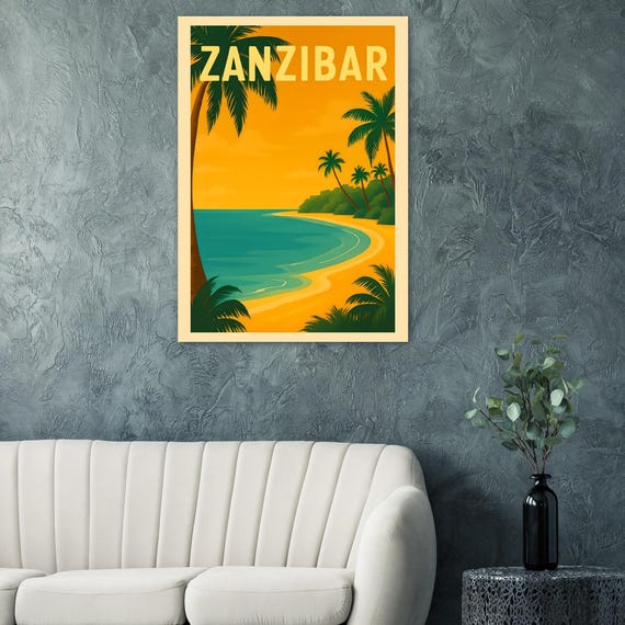 Zanzibar Tanzania Travel Poster Vintage Tropical Beach Dhow Boat Wall Art Print