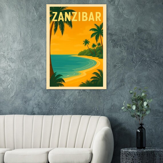 Zanzibar Tanzania Vintage Travel Poster Tropical Beach Palm Sunset
