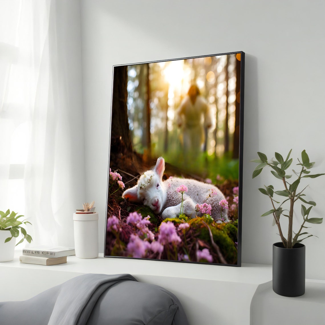 Jesus Lost Sheep Lamb Resting In Spring Forest Flowers Wall Art