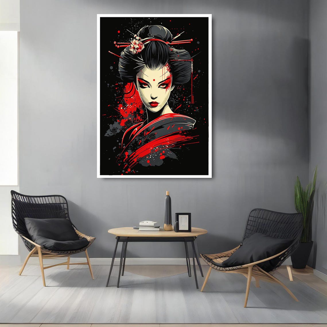 Japanese Geisha Red Black Pop Art Splash Warrior Woman Wall Art Poster - Image 2