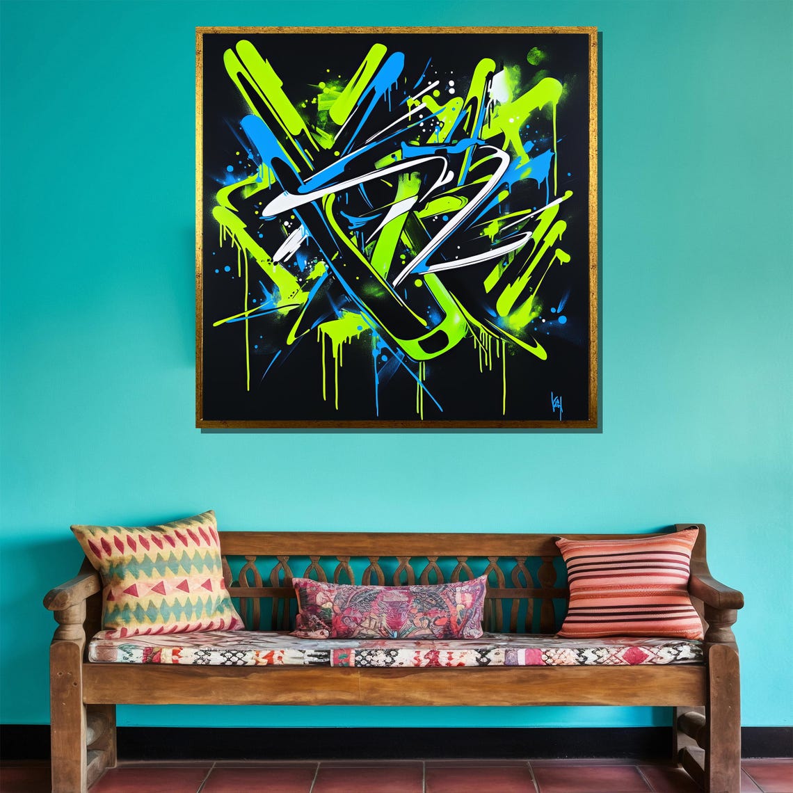 Neon Graffiti Abstract Lime Green Blue Bold Drip Street Art Print - Image 5