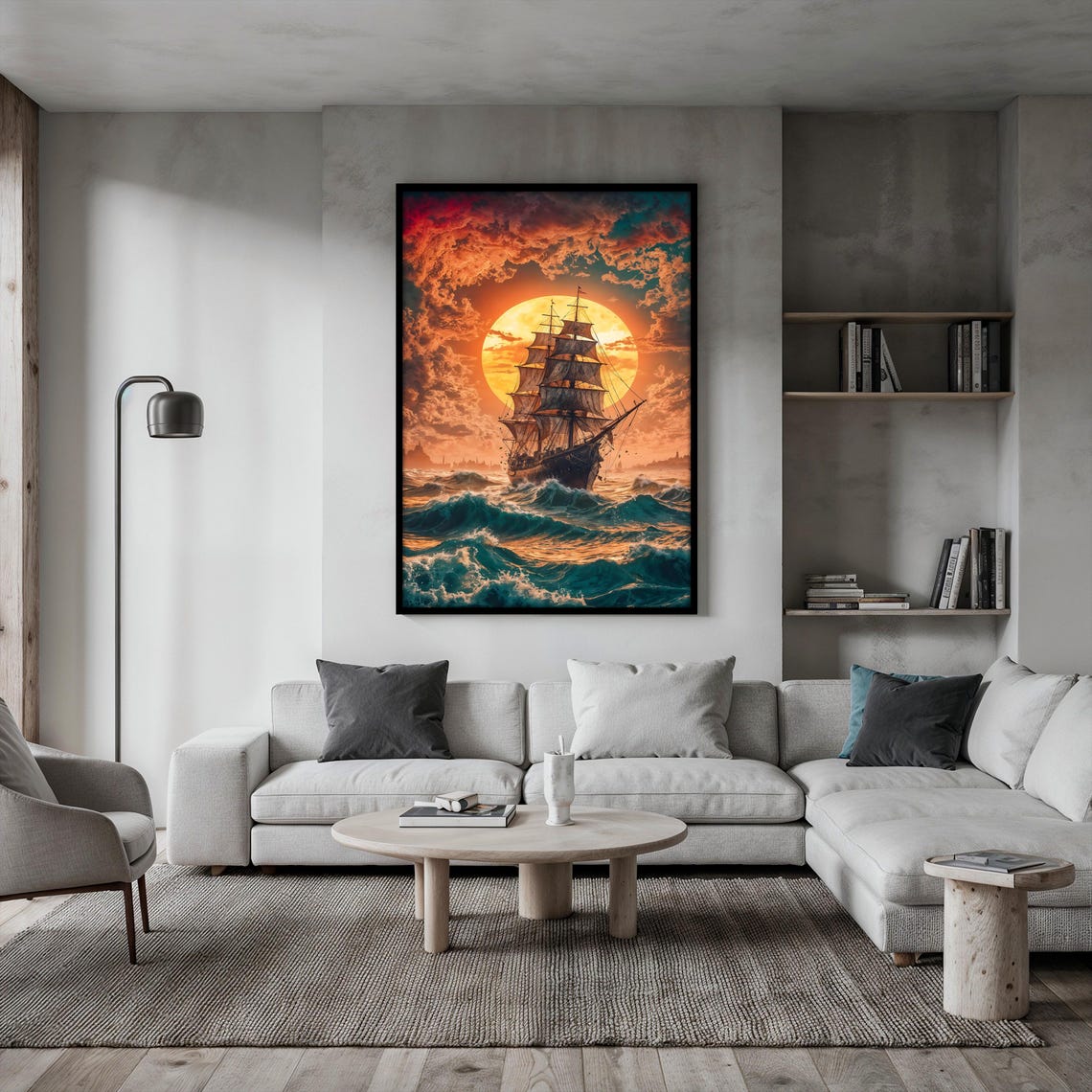 Tall Ship At Sunset Fiery Orange Sky Teal Ocean Waves Maritime Poster - Image 2