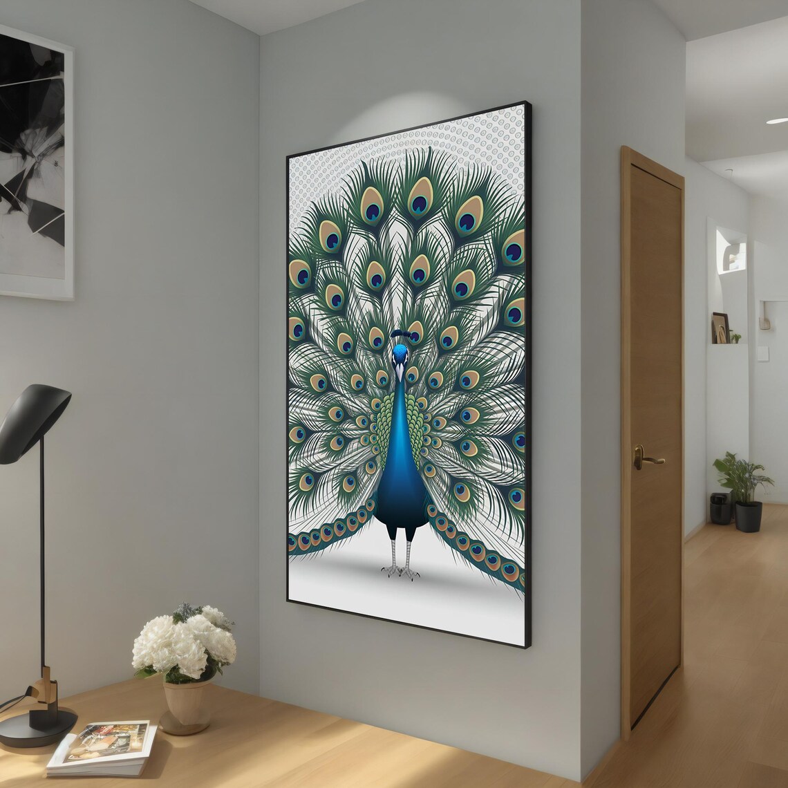 Majestic Peacock Full Fanned Tail Feather Display White Art Poster