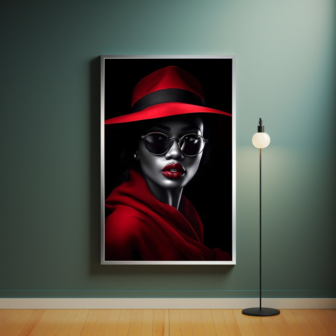 Red Hat Monochrome Woman Round Glasses Red Lips Dramatic Fashion Wall Poster - Image 4