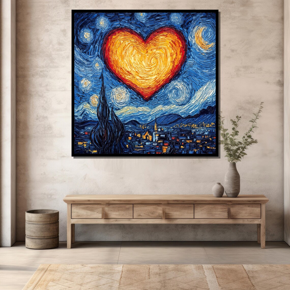 Starry Night Style Heart Over Village Impasto Swirl Painting Art Poster - Image 3