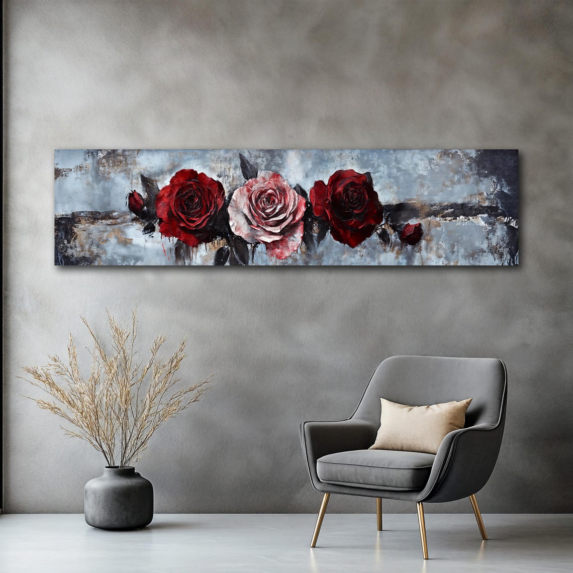 Red Pink Roses on Textured Gray Rustic Panoramic Floral Art Poster - Image 2