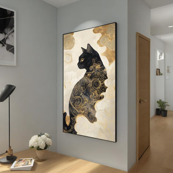 Golden Black Cat Painting Gold Accent Wall Decor Mystical Cat Painting Zen Cat Framed Unique Gift