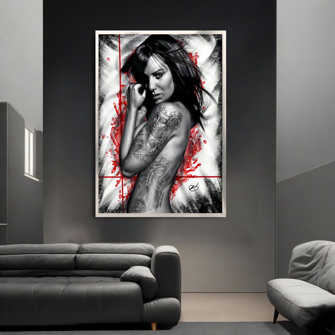 Tattooed Woman Portrait Black And White With Red Splash Art Print Poster - Image 3
