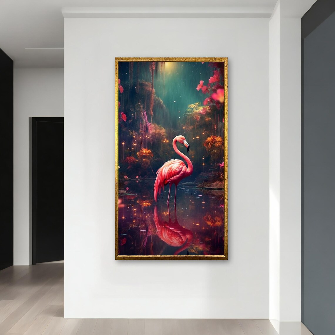 Pink Flamingo in Enchanted Forest Pond Reflection Magical Art Poster - Image 3