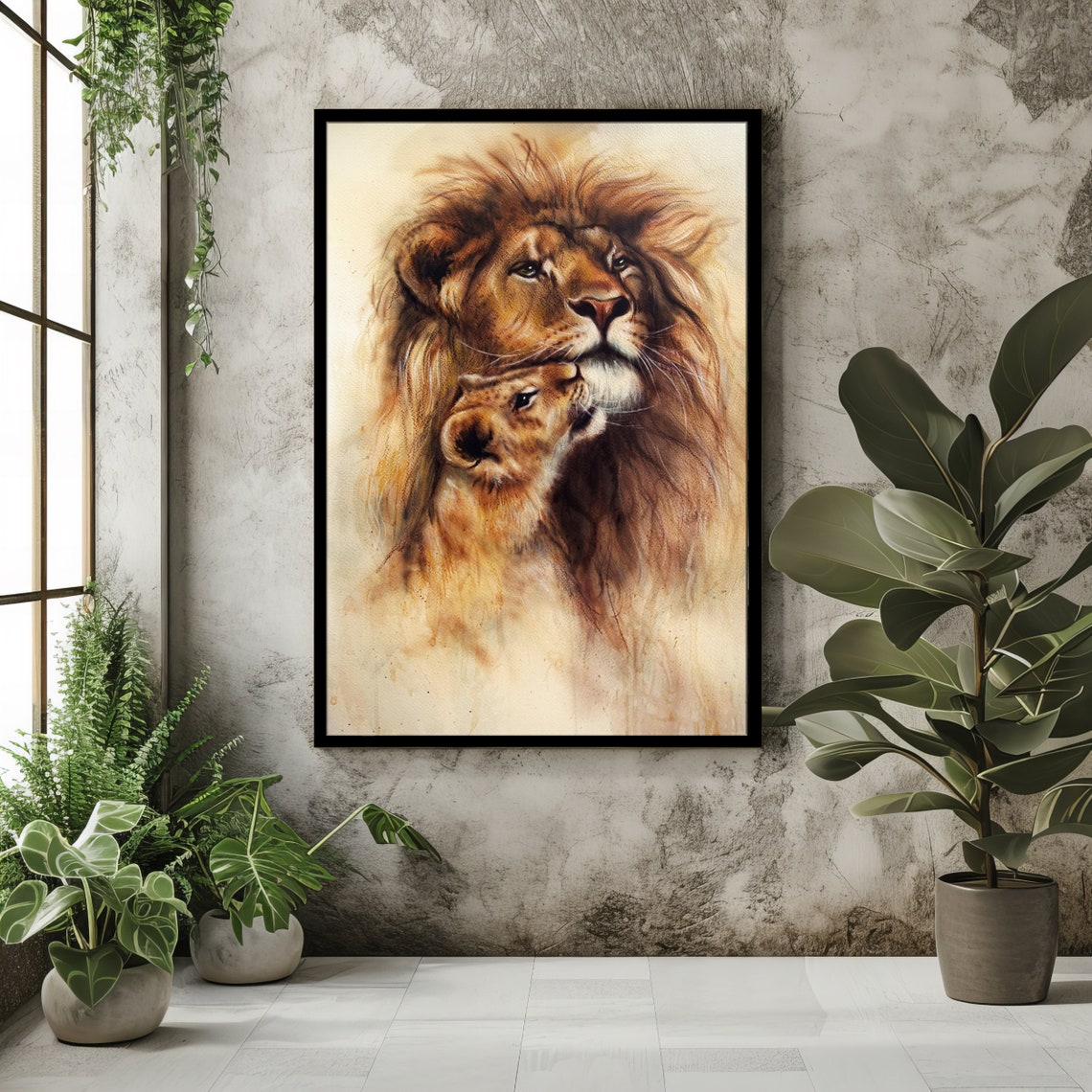 Lion Nuzzling Cub Tender Watercolor Family Wildlife Portrait Poster - Image 2