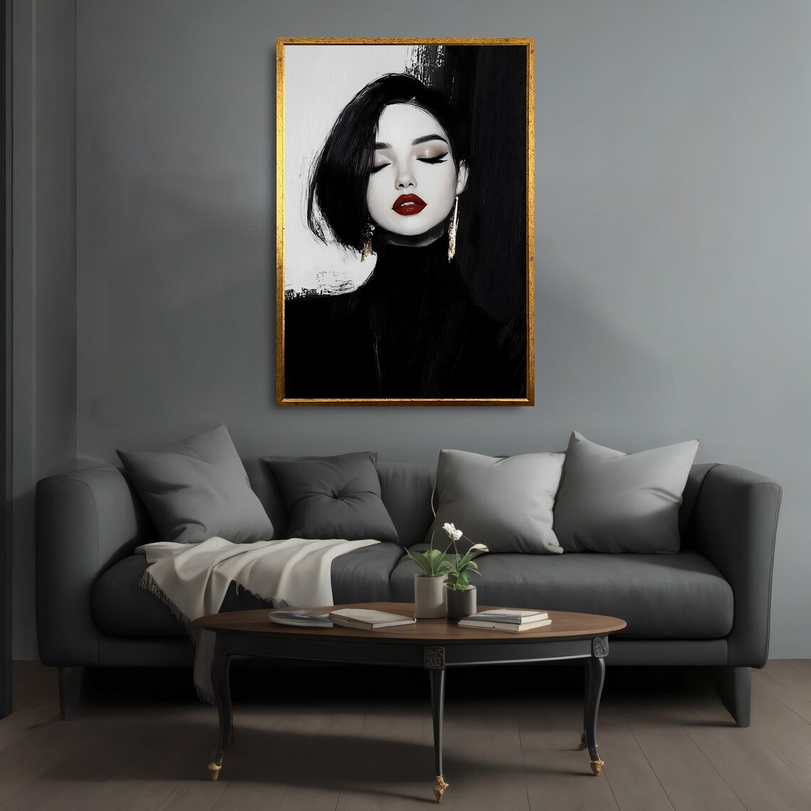 Black White Woman Red Lips Gold Minimalist Fashion Art Poster - Image 4