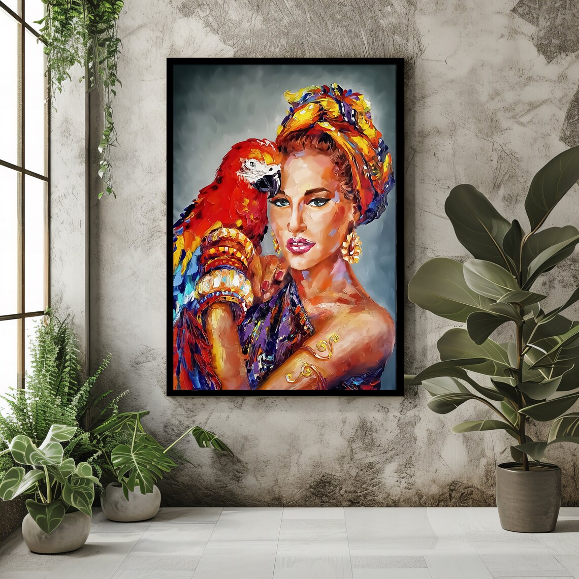 Colorful Woman Portrait With Red Macaw Parrot Turban Oil Art Print - Image 2
