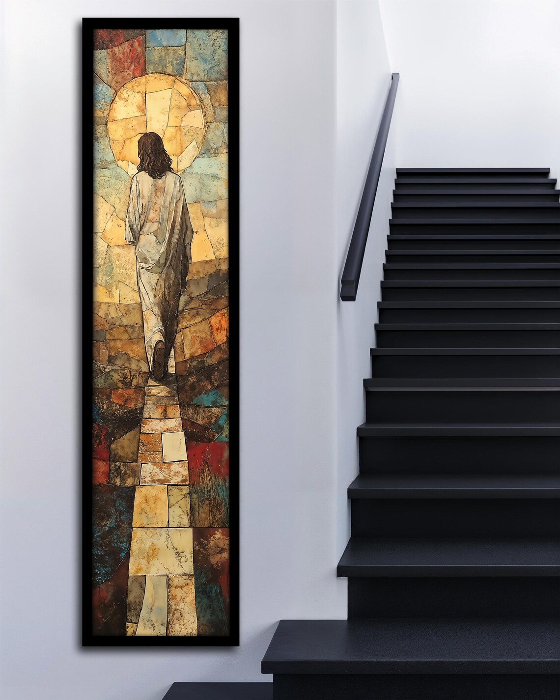 Jesus Walking Toward Golden Sun Stained Glass Mosaic Path Christian Poster - Image 3