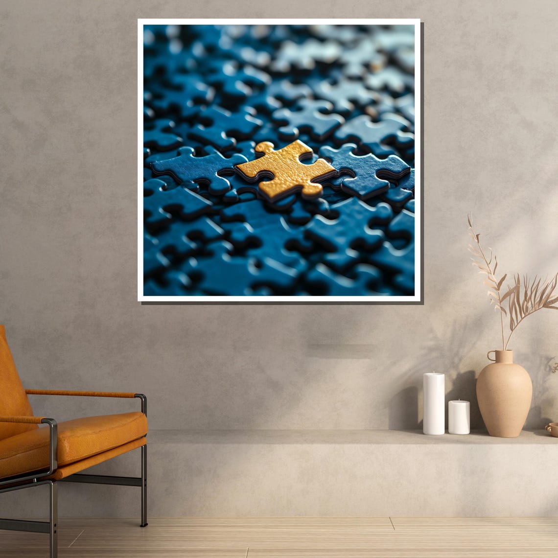 Golden Puzzle Piece Among Blue Pieces Modern Abstract Concept Poster - Image 2