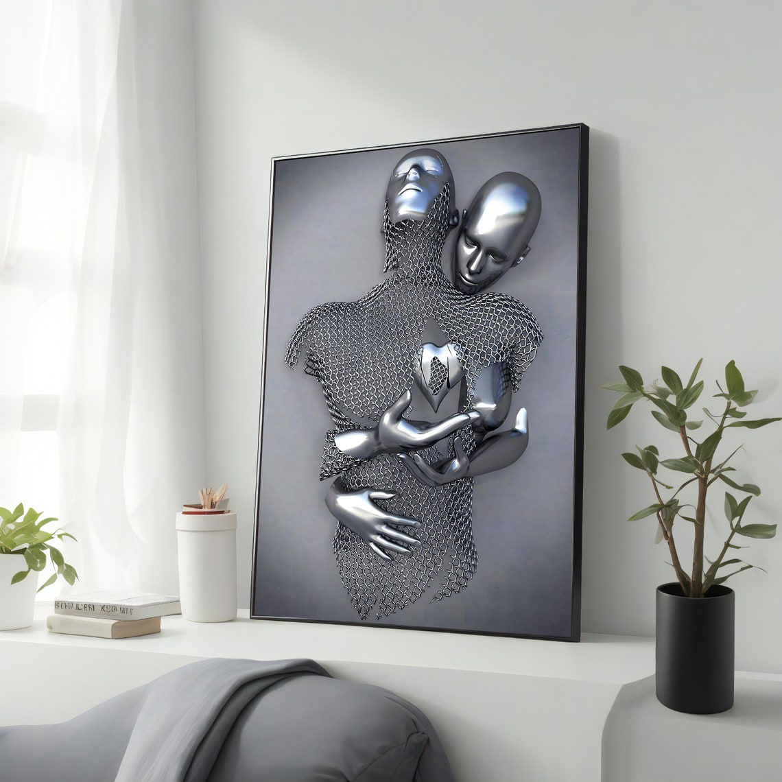 Silver 3D Metallic Couple Hugging Sculpture Modern Love Wall Art