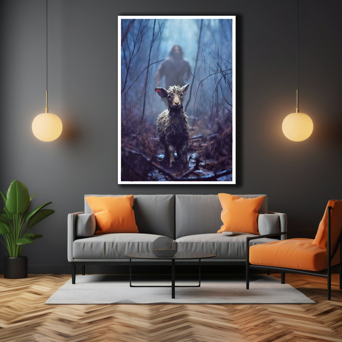 Lost Lamb In Rainy Forest Shepherd Searching Christian Art Poster - Image 3