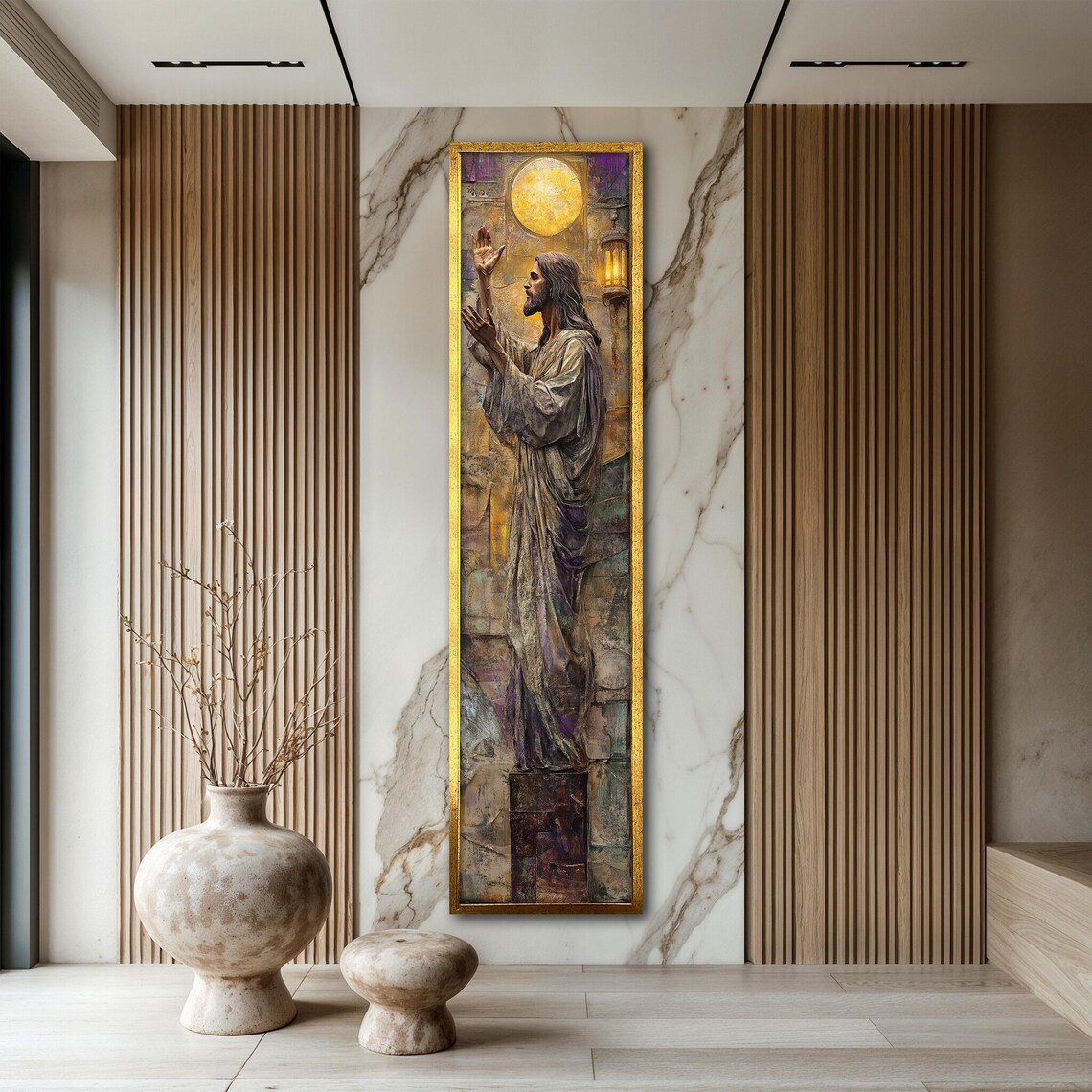 Jesus Praying Under Golden Moon Tall Vertical Religious Art Wall Poster