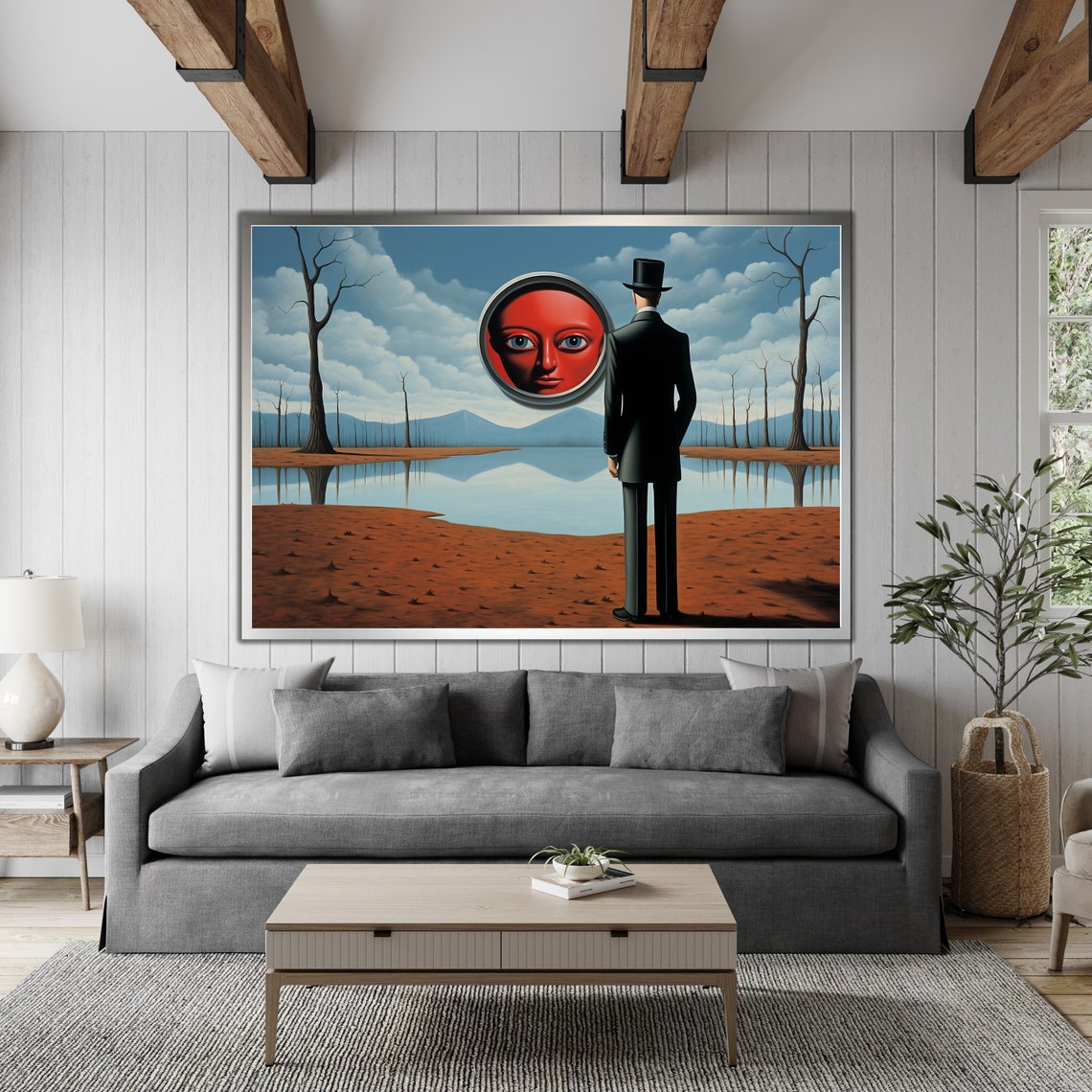 Surreal Giant Red Face Mirror Man Top Hat Dreamscape Art Poster - Image 4