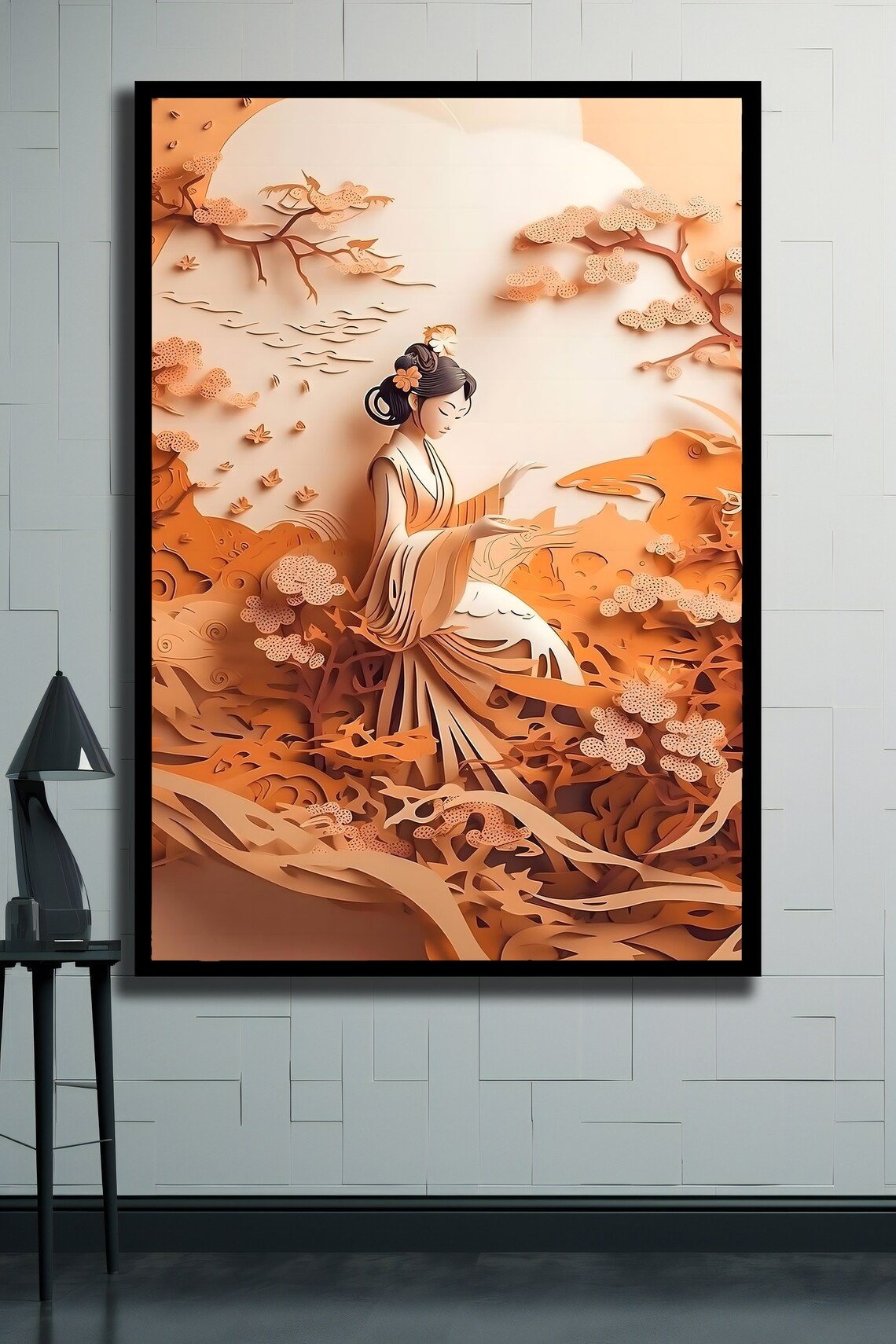 Paper Cut Style Woman in White Kimono Autumn Floral Ocean Art Poster - Image 2