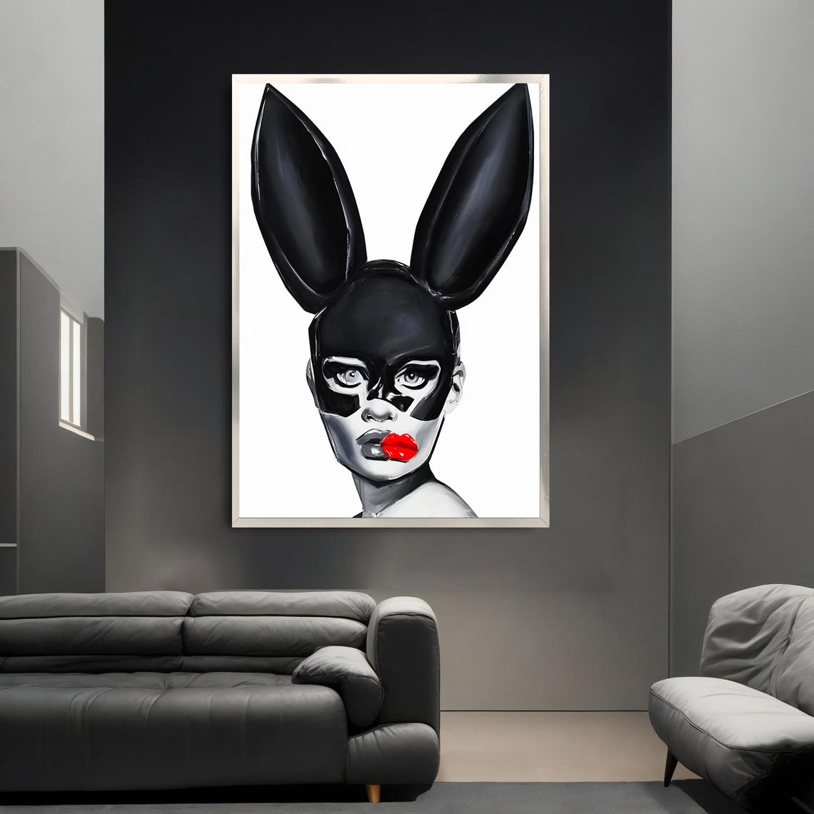 Bunny Mask Woman Black White Red Lips Chic Fashion Art Poster - Image 3