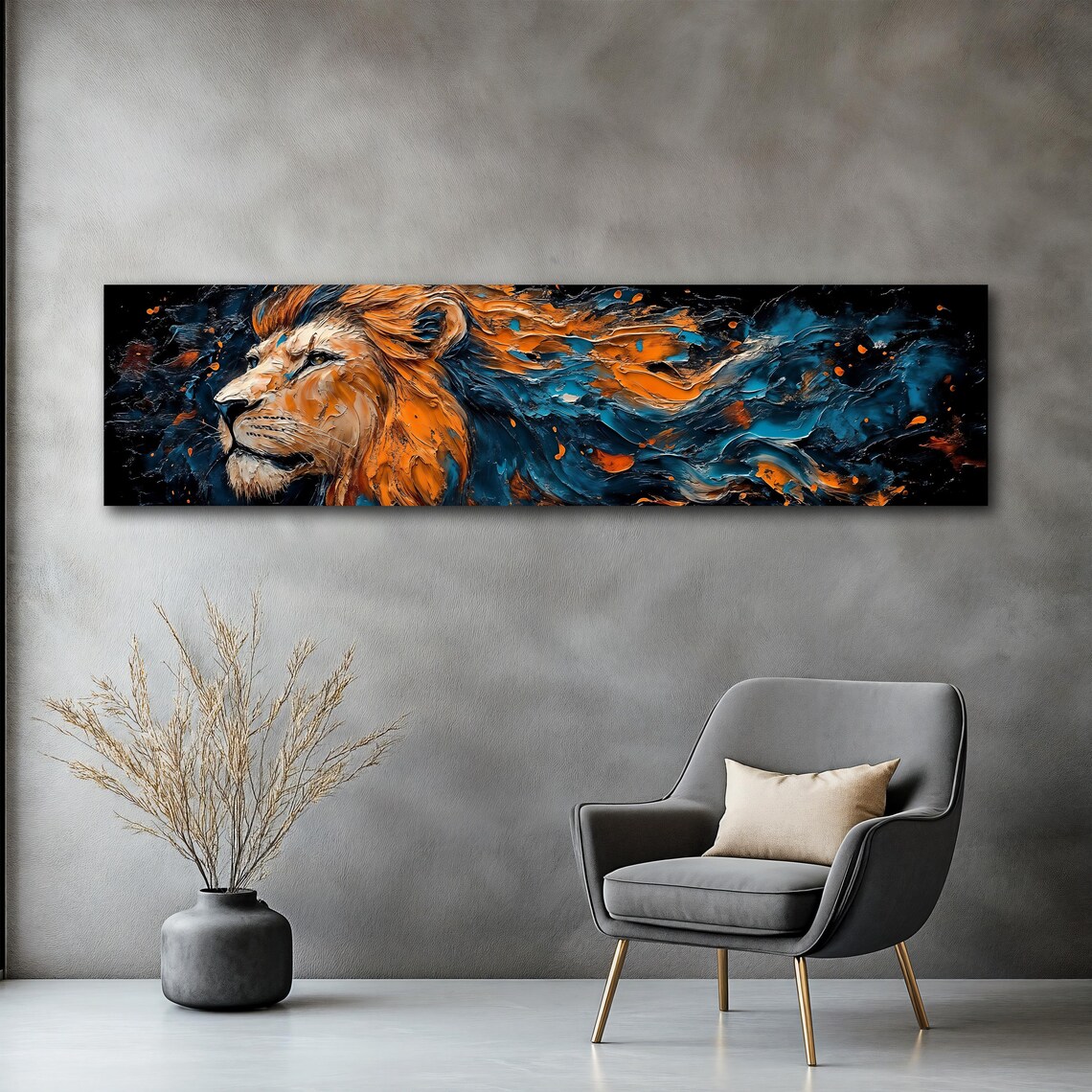 Abstract Lion Profile Orange Blue Mane on Black Panoramic Wall Art Poster - Image 2