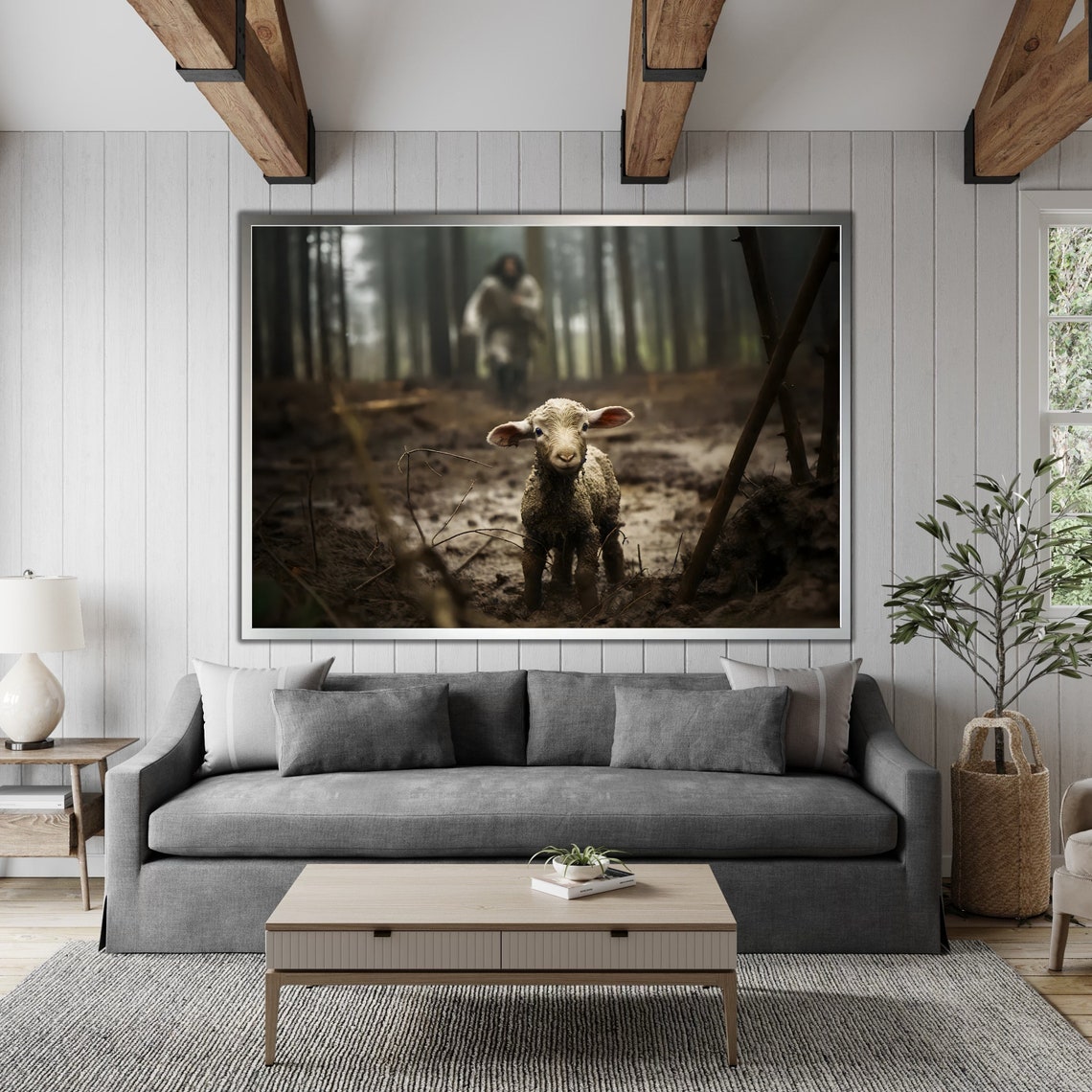 Jesus Running After Lost Lamb Misty Forest Panoramic Religious Poster - Image 3