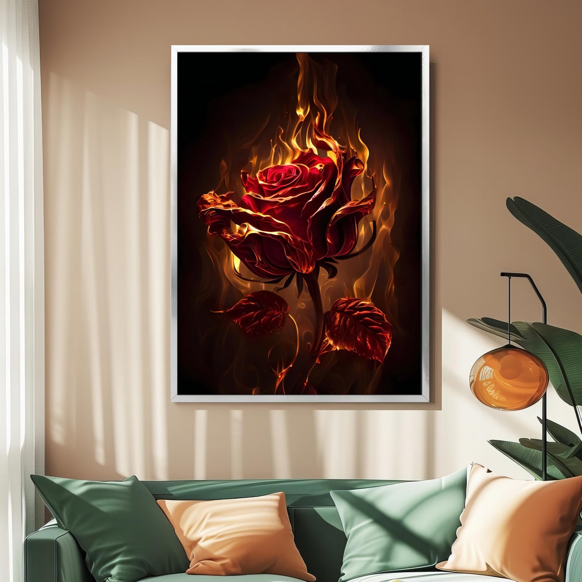 Flaming Red Rose in Fire on Black Dramatic Gothic Floral Art Poster - Image 2
