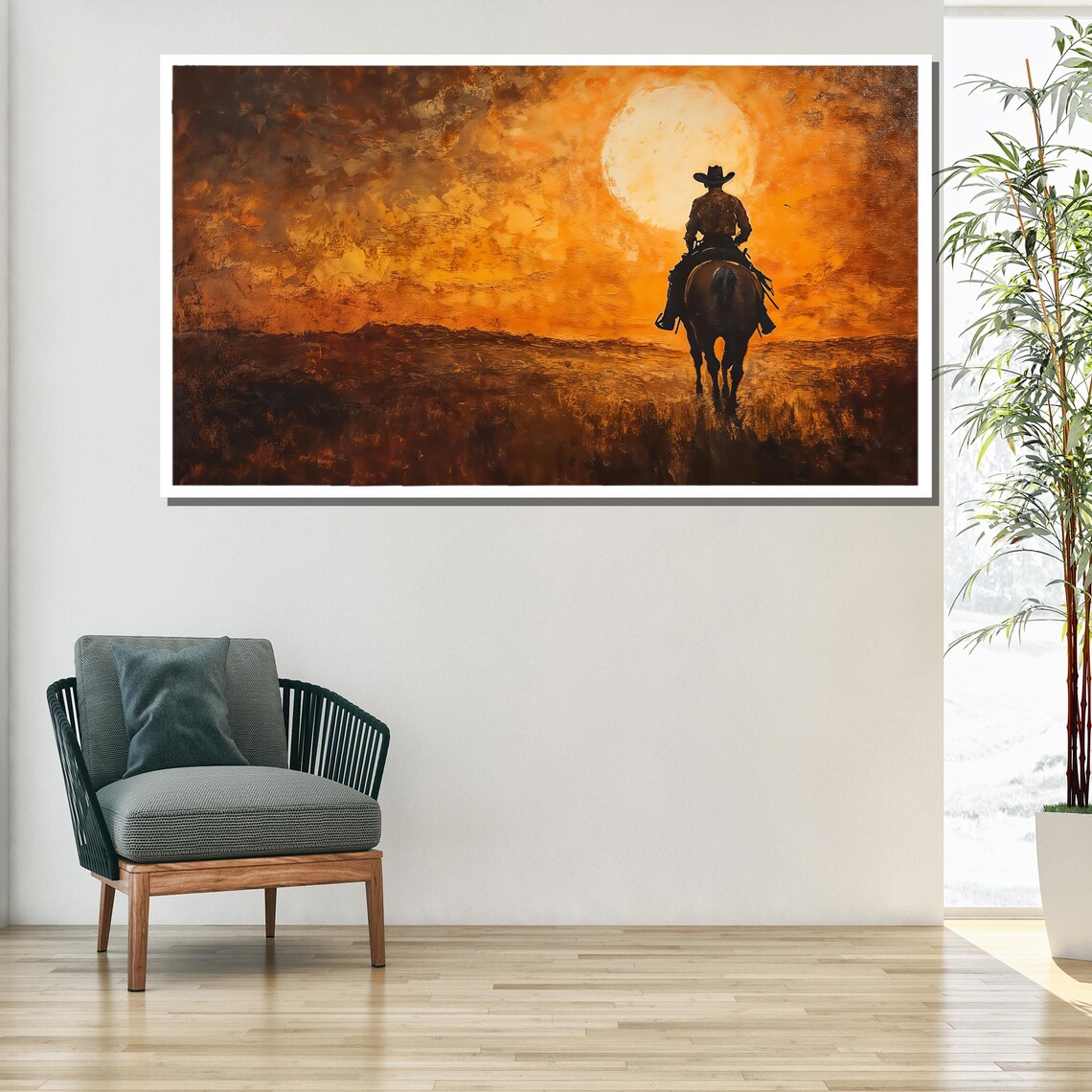 Western Cowboy Sunset Horse Ride Fiery Orange Sky Oil Painting Poster - Image 2