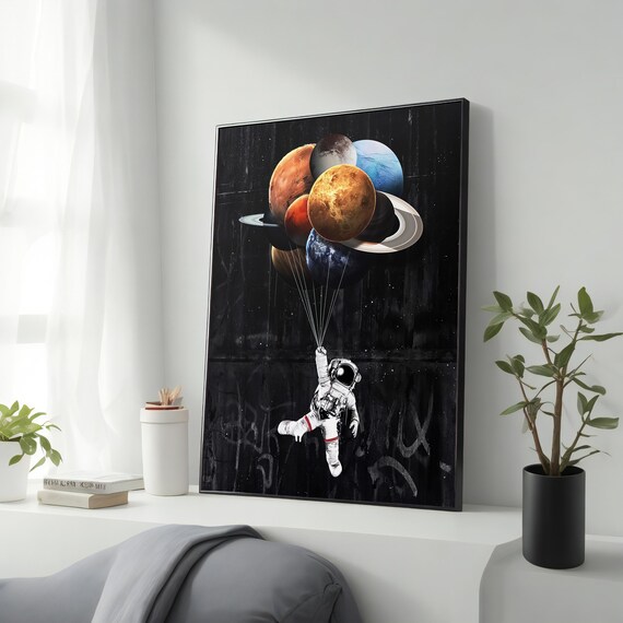 Astronaut Floating With Planet Balloons Surreal Space Art Poster