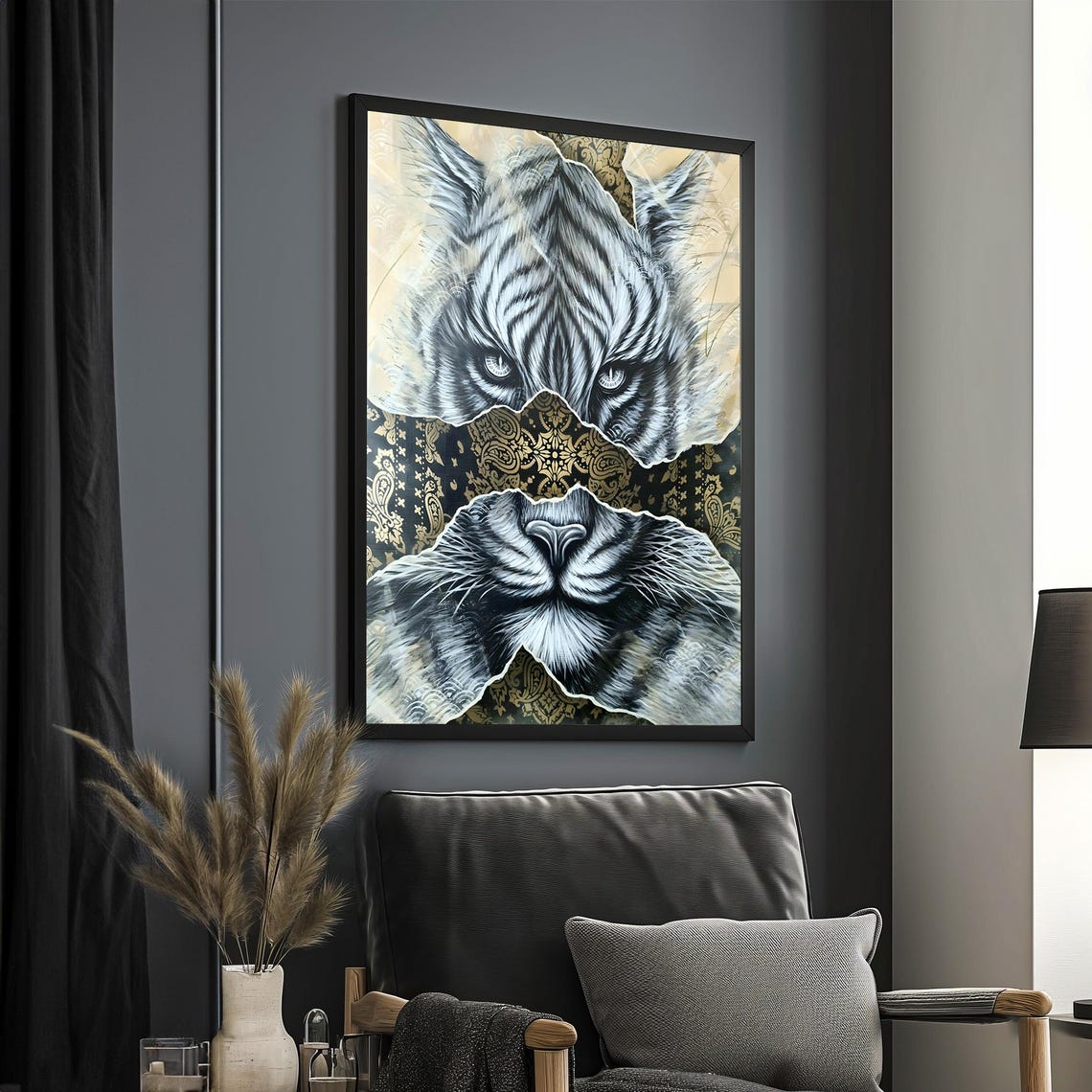 White Tiger Eyes Torn Paper Black Gold Damask Elegant Wildlife Poster