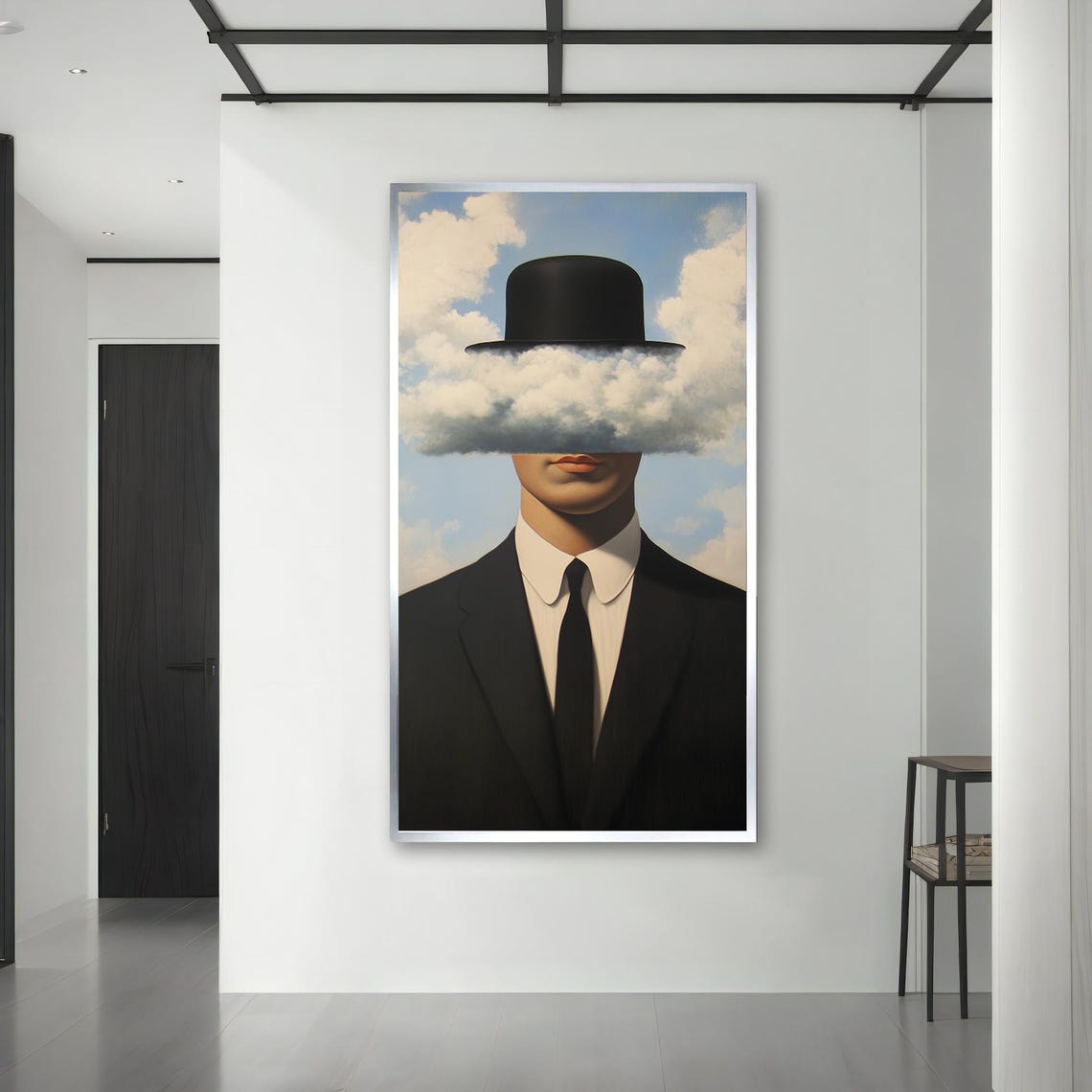 Surreal Magritte Inspired Painting Cloud Covered Face In Suit Wall Decor Ready To Hang Modern Painting Unique Gift - Image 3