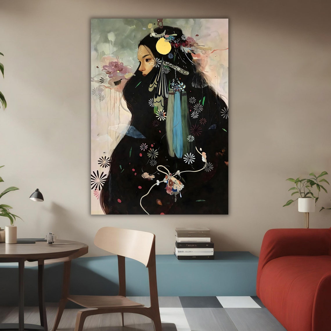 Moonlit Woman Profile Long Black Hair Floral Ethereal Portrait Poster - Image 3